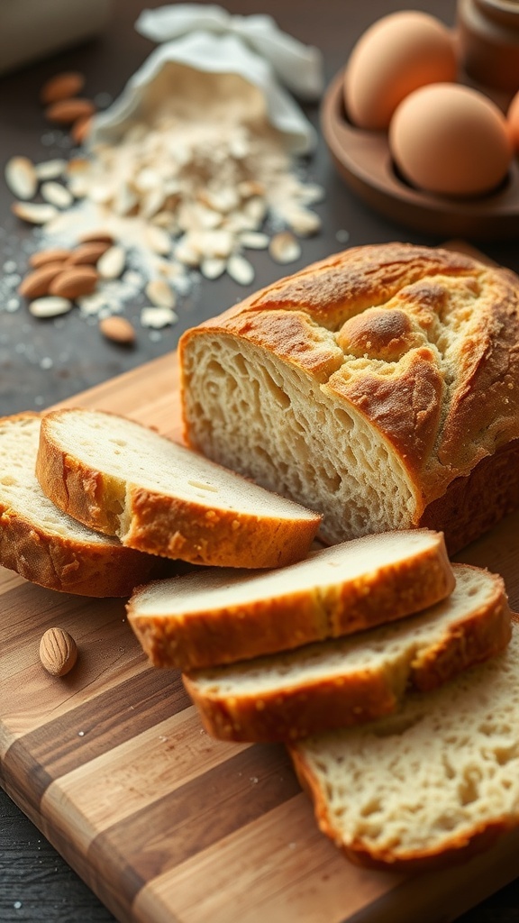 Simple 3-Ingredient Gluten-Free Bread Recipe Freshly baked gluten-free bread sliced on a wooden board with almond flour and eggs in the background.